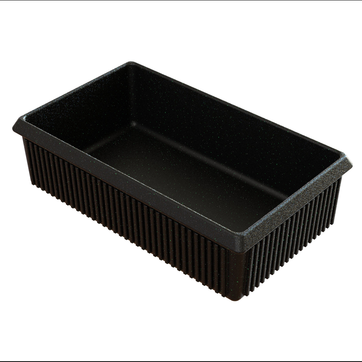 A black rectangular cast aluminum baking pan with slightly sloped sides and a ribbed exterior texture, viewed from above at an angle on a white background. The smooth non-stick interior is ideal for cold holding or oven use.