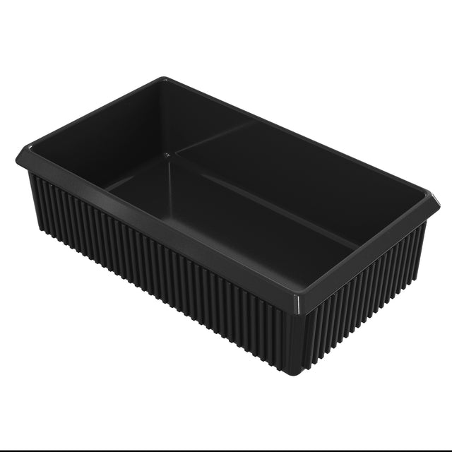 A rectangular, black plastic server bowl with high, ribbed sides and a smooth interior. The container is empty and set against a white background, viewed at an angle showing its depth and structure. Ideal for cold holding applications.