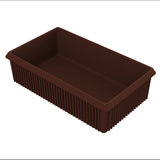 A rectangular, empty brown plastic tray with ribbed sides and a smooth interior. The tray, ideal for cold holding, has slightly flared edges and is angled to display both the interior and two sides against a plain white background.