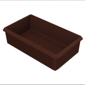 A rectangular, empty brown plastic tray with ribbed sides and a smooth interior. The tray, ideal for cold holding, has slightly flared edges and is angled to display both the interior and two sides against a plain white background.