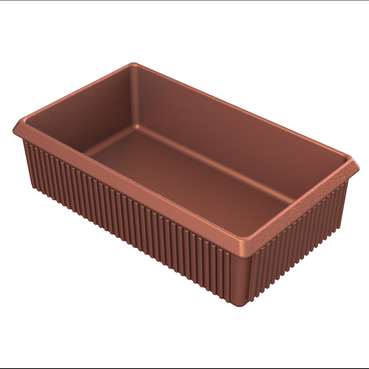 A rectangular, deep, brown loaf pan with a copper finish and slightly angled sides. Its smooth, non-stick Duracoat coated cast aluminum interior ensures easy release, while the sturdy pan is perfect for baking bread or cakes.