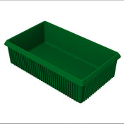 A rectangular green plastic storage bin with ribbed sides and slightly flared edges, shown on a white background. Ideal for cold holding, the empty bin is viewed from above, displaying its interior and depth.