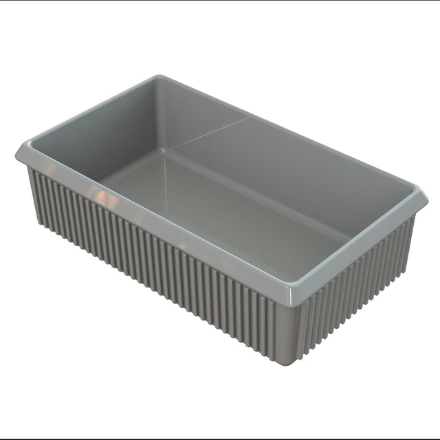 A rectangular, grey plastic server bowl with ribbed sides and a smooth interior. The container has slightly outward-sloping edges and is empty, set against a plain white background.