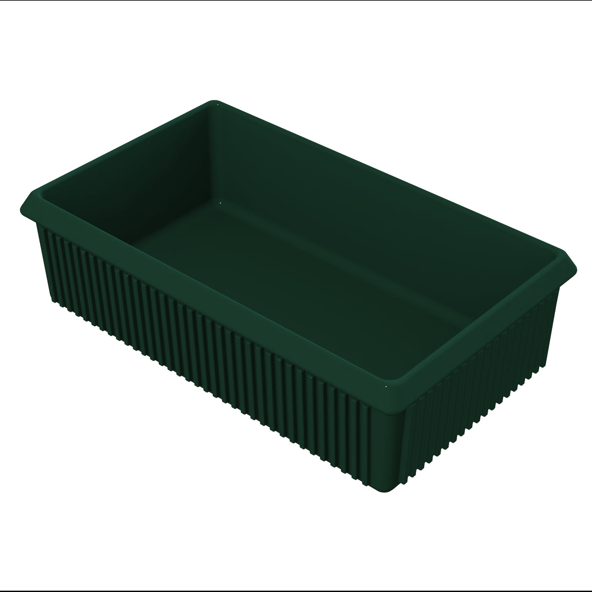 A rectangular, deep green plastic bin with ribbed sides and a smooth interior. The bin is empty and placed against a white background, making it ideal as a server bowl for efficient cold holding while showcasing its depth and sturdy construction.
