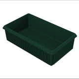 A rectangular, deep green plastic bin with ribbed sides and a smooth interior. The bin is empty and placed against a white background, making it ideal as a server bowl for efficient cold holding while showcasing its depth and sturdy construction.