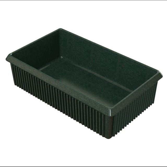 A rectangular, deep, black plastic tray with tall, ribbed sides and a smooth interior, shown empty against a white background. Its sturdy design is ideal for storage, organization, cold holding applications, or use as a planting or utility tray.