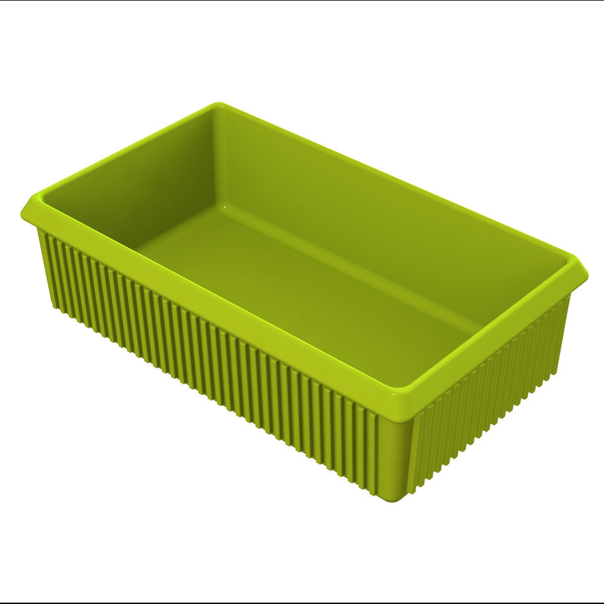 A rectangular, bright green plastic Server Bowl with straight, smooth sides and vertical ridges along the exterior. The bin is empty and viewed from an angle, showing both the inside and the textured outer surface.