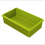 A rectangular, bright green plastic Server Bowl with straight, smooth sides and vertical ridges along the exterior. The bin is empty and viewed from an angle, showing both the inside and the textured outer surface.