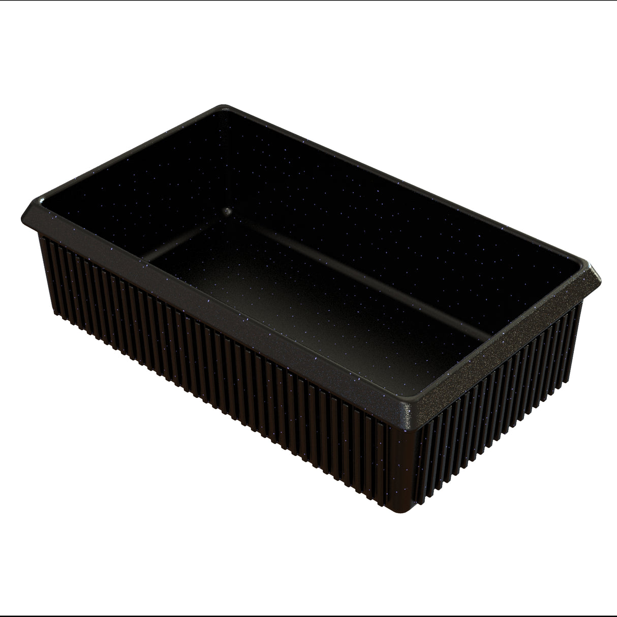 A black, rectangular plastic tray with ribbed sides and a smooth interior is shown against a white background. Ideal for cold holding, the tray appears empty and is typically used for packaging or serving food items.