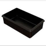 A black, rectangular plastic tray with ribbed sides and a smooth interior is shown against a white background. Ideal for cold holding, the tray appears empty and is typically used for packaging or serving food items.