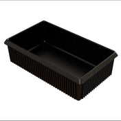 A black, rectangular plastic tray with ribbed sides and a smooth interior is shown against a white background. Ideal for cold holding, the tray appears empty and is typically used for packaging or serving food items.