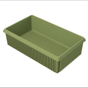A rectangular, olive green plastic storage bin with ribbed sides and smooth interior is ideal for cold holding, keeping items chilled and organized. The bin features slightly flared edges and sits empty against a plain white background.