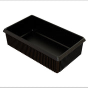 A black, rectangular plastic tray with ribbed sides and a smooth interior, shown on a white background. Often used for cold holding or storing food items like baked goods or produce, the tray is empty and angled to display its depth and open top.