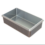 A rectangular aluminum loaf pan with ribbed sides and a smooth interior is shown on a white background. The pan’s corners are sharply angled, and it appears clean and unused, suitable for baking bread or cakes. NSF certified for commercial use.
