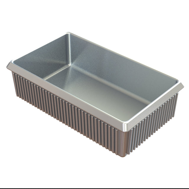 A rectangular aluminum loaf pan with ribbed sides and a smooth interior is shown on a white background. The pan’s corners are sharply angled, and it appears clean and unused, suitable for baking bread or cakes. NSF certified for commercial use.