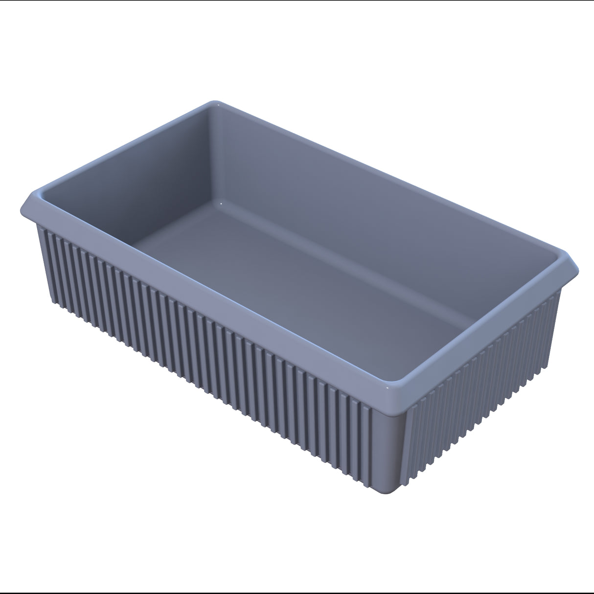 A rectangular, gray plastic server bowl with vertical ridges along its sides and smooth interior surfaces. The container is open at the top, features slightly flared edges, and is empty against a plain white background.