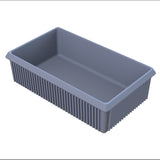 A rectangular, gray plastic server bowl with vertical ridges along its sides and smooth interior surfaces. The container is open at the top, features slightly flared edges, and is empty against a plain white background.
