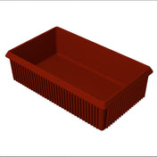 A rectangular, deep, red Server Bowl plastic container with slotted vertical ridges along the sides and a smooth interior, viewed from an angle above and slightly to the side, set against a white background.