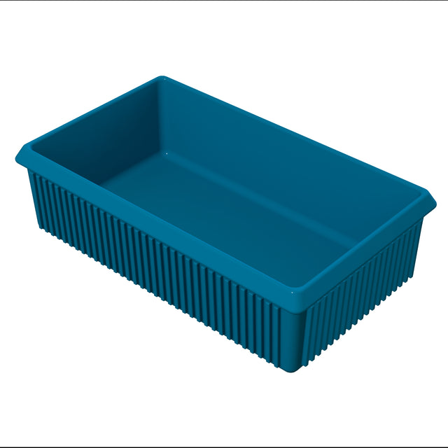 A rectangular, deep blue server bowl tray with ribbed vertical lines on the outer sides. The sturdy design features straight sides, a flat bottom, and flared top edges—ideal for cold holding essentials. The inside is smooth and corners are squared.