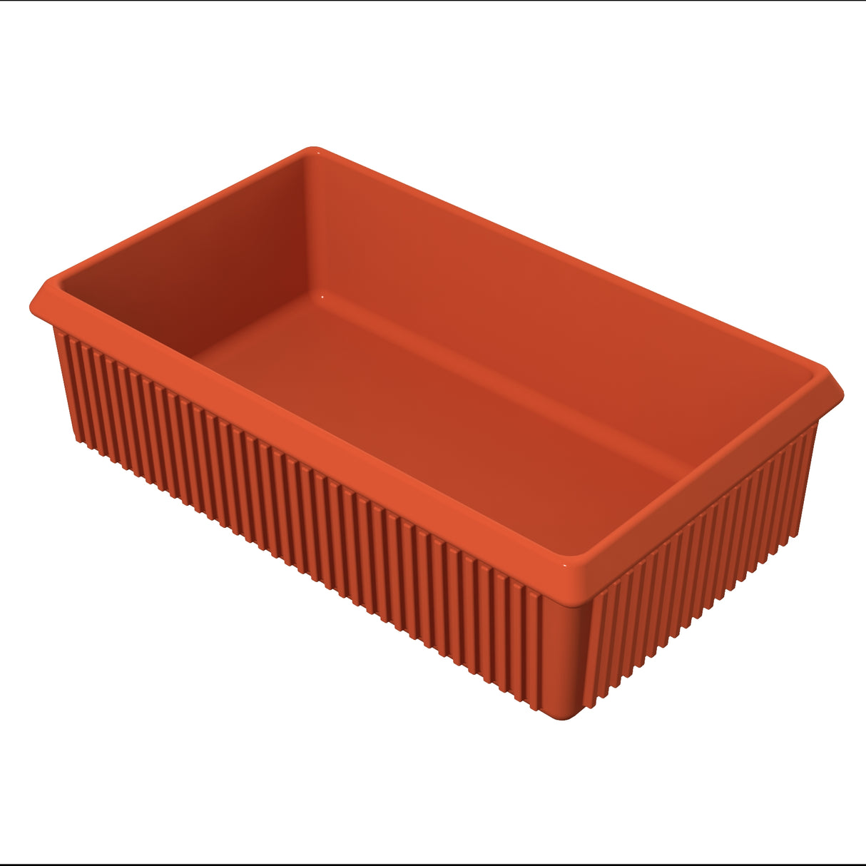 A rectangular, deep, orange Server Bowl made from cast aluminum with ribbed vertical lines on the outer sides and smooth interior surfaces, viewed at an angle on a plain white background.
