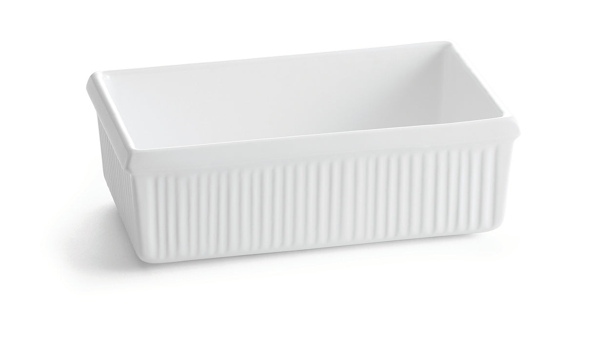 A white rectangular ceramic server bowl with straight sides and subtle vertical ribbing on the exterior. The dish has a glossy finish and is photographed on a white background, casting a soft shadow to its left.
