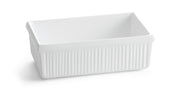 A white rectangular ceramic server bowl with straight sides and subtle vertical ribbing on the exterior. The dish has a glossy finish and is photographed on a white background, casting a soft shadow to its left.