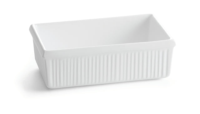 A white rectangular ceramic server bowl with straight sides and subtle vertical ribbing on the exterior. The dish has a glossy finish and is photographed on a white background, casting a soft shadow to its left.