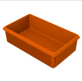 A rectangular, orange plastic server bowl with ribbed sides and a smooth interior is viewed from a slight angle above. The open-top bin, ideal for cold holding, has straight edges and rounded corners and sits empty against a white background.