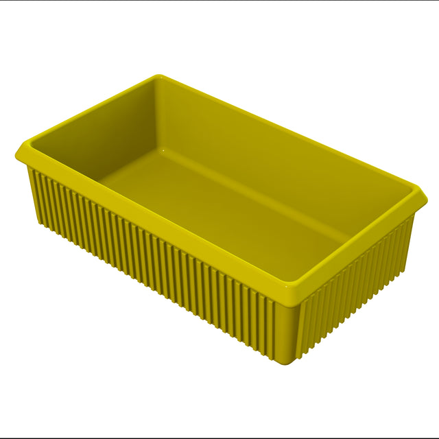 Rectangular yellow plastic storage bin with vertical ridges on the sides and smooth interior. The bin is empty, ideal for cold holding, and shown on a white background from a slightly elevated angle, highlighting its depth and structure.