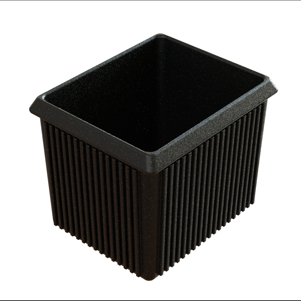 A black, rectangular plastic server bowl with a wide, flat rim and vertical ridges along its sides. The container is empty and photographed against a white background, ideal for cold holding food items.