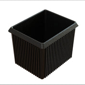 A black, rectangular plastic server bowl with a wide, flat rim and vertical ridges along its sides. The container is empty and photographed against a white background, ideal for cold holding food items.