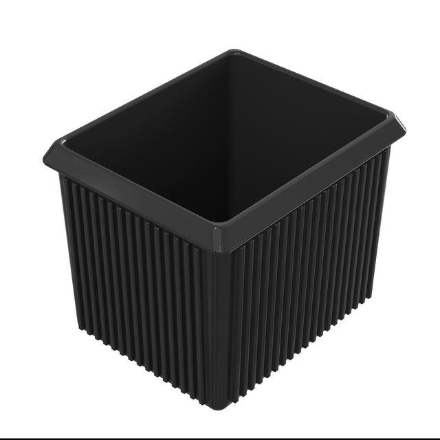 A square, black plastic Server Bowl with vertical ridges on its sides and a smooth rim. The container is empty, shown from an angle above, and features a modern, minimalist design. Ideal for cold holding. The background is plain white.