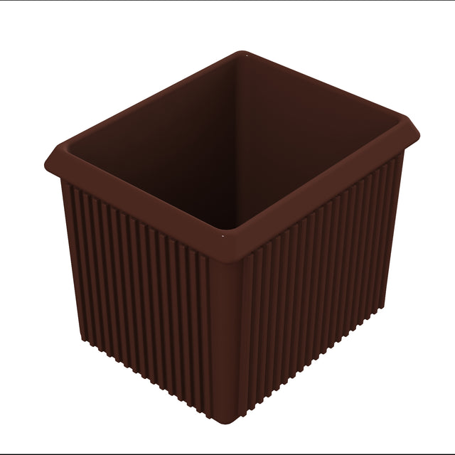 A dark brown, square-shaped plastic planter with vertical grooves along the sides sits on a white background. The planter has slightly flared edges at the top and resembles a cast aluminum server bowl in its sleek, modern design.
