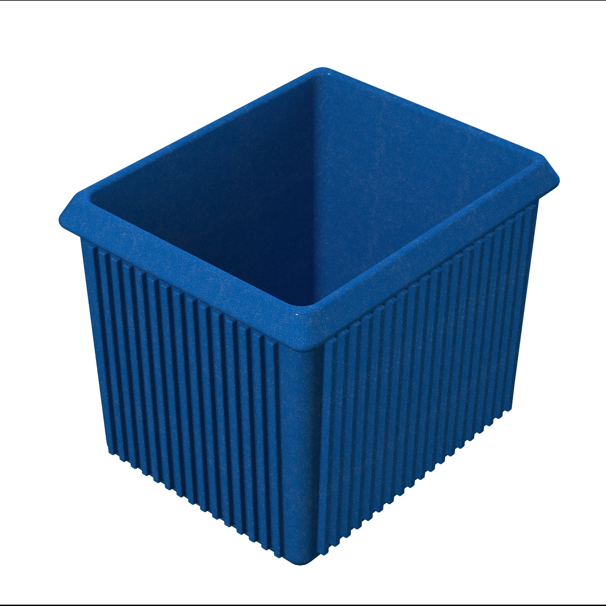 A blue rectangular storage bin with vertical ridges on its exterior sides resembles a server bowl. The bin has a wide opening at the top, slightly tapered sides, and appears to be made of sturdy plastic. The background is plain white.