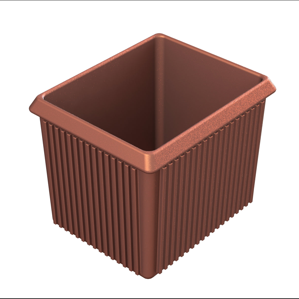 A rectangular, brown plastic server bowl with vertical ridges along the sides and a wide, flat rim at the top. Ideal for cold holding, the container is empty with smooth inner surfaces. The image is on a white background.