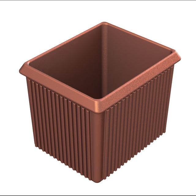 A rectangular, brown plastic server bowl with vertical ridges along the sides and a wide, flat rim at the top. Ideal for cold holding, the container is empty with smooth inner surfaces. The image is on a white background.