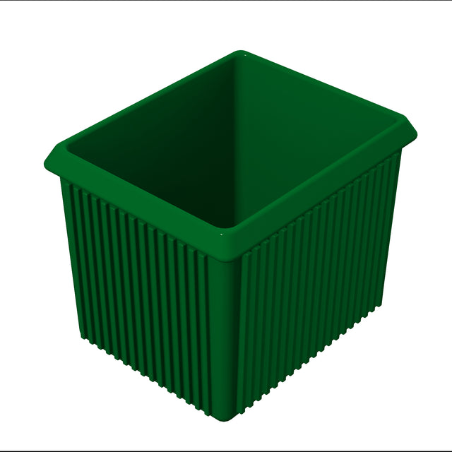 A green rectangular plastic server bowl with vertical ridges on the sides, a wide rim, and an open top, viewed from a slightly elevated angle against a white background.
