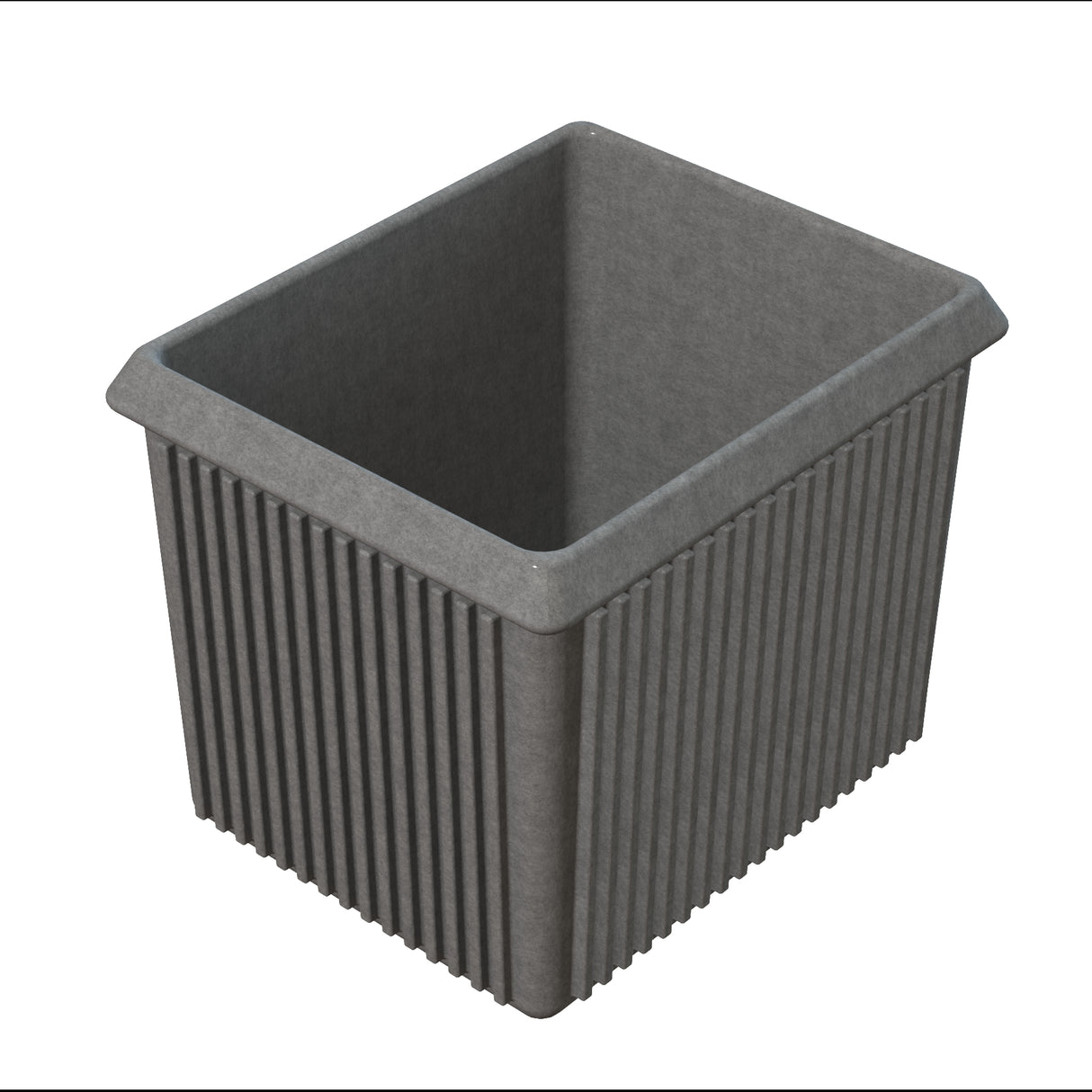 A rectangular, deep, dark gray server bowl with vertical ridges along the sides and a wide, flat rim. The smooth interior suggests it's made of sturdy cast aluminum or plastic, ideal for cold holding, shown on a white background.