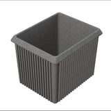 A rectangular, deep, dark gray server bowl with vertical ridges along the sides and a wide, flat rim. The smooth interior suggests it's made of sturdy cast aluminum or plastic, ideal for cold holding, shown on a white background.