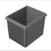 A rectangular, deep, dark gray server bowl with vertical ridges along the sides and a wide, flat rim. The smooth interior suggests it's made of sturdy cast aluminum or plastic, ideal for cold holding, shown on a white background.