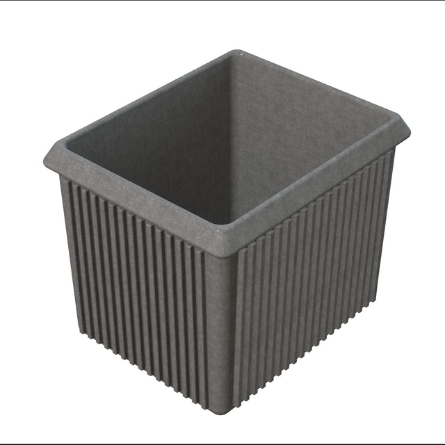 A rectangular, deep, dark gray server bowl with vertical ridges along the sides and a wide, flat rim. The smooth interior suggests it's made of sturdy cast aluminum or plastic, ideal for cold holding, shown on a white background.