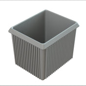 A rectangular, gray plastic storage bin with vertical ridges along the sides and a smooth inner surface, ideal for cold holding. The bin has slightly outward-flaring edges at the top and no handles or lid, shown on a white background.