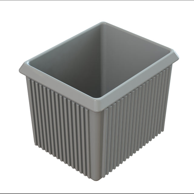 A rectangular, gray plastic storage bin with vertical ridges along the sides and a smooth inner surface, ideal for cold holding. The bin has slightly outward-flaring edges at the top and no handles or lid, shown on a white background.