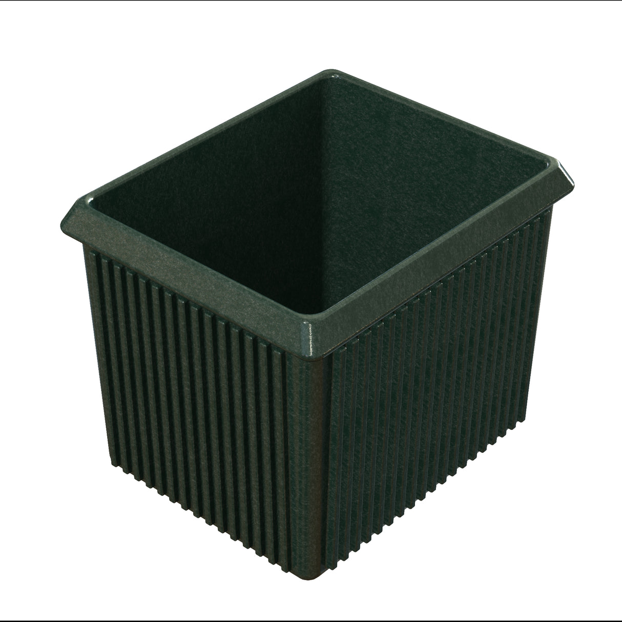 A dark green, square plastic bin with vertical ridges along its sides, slightly wider at the top with a flat rim. Reminiscent of a server bowl, its smooth interior is empty. The image is taken on a white background.