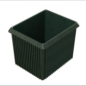 A dark green, square plastic bin with vertical ridges along its sides, slightly wider at the top with a flat rim. Reminiscent of a server bowl, its smooth interior is empty. The image is taken on a white background.