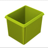 A bright green, rectangular Server Bowl with vertical grooves and a wide open top. The ribbed plastic container sits on a white background, ideal for cold holding. Its smooth interior and flared rim add to its functional design.