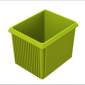 A bright green, rectangular Server Bowl with vertical grooves and a wide open top. The ribbed plastic container sits on a white background, ideal for cold holding. Its smooth interior and flared rim add to its functional design.