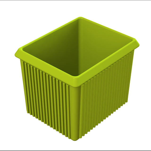 A bright green, rectangular Server Bowl with vertical grooves and a wide open top. The ribbed plastic container sits on a white background, ideal for cold holding. Its smooth interior and flared rim add to its functional design.