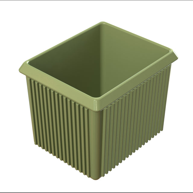A green, rectangular cast aluminum container with vertical ridges on its sides, slightly flared at the rim. The server bowl has an open top and a smooth interior, viewed from an angled perspective against a white background.