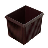 A small, rectangular, dark brown plastic server bowl with ribbed sides and a slightly flared rim. The smooth interior makes it ideal for cold holding, and the container is empty, displayed against a white background.